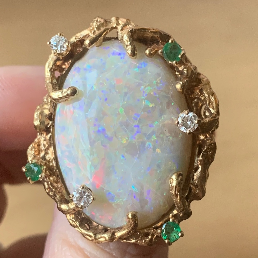 VINTAGE 14K GOLD HUGE OPAL DIAMOND EMERALD CUSTOM BRUTALIST RING ONE OF A KIND